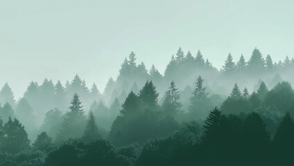 Naklejka premium Misty Morning Pine Forest Landscape with Atmospheric Fog and Silhouetted Trees in Green Tones