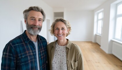 Joyful couple smiling in their modern, unfurnished new home with wooden floors and bright windows, embracing new beginnings.