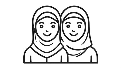 Obraz premium Two smiling Muslim women wearing hijabs, simple line art illustration