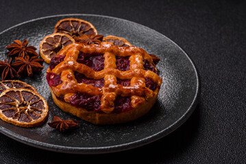 Cherry or strawberry sweet American Christmas pie or tart. American cherry pie