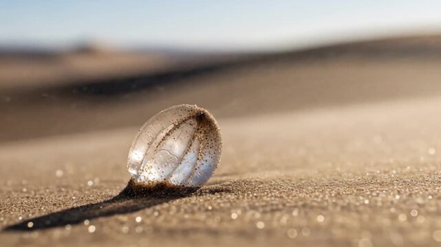 Sea Salp Washed Ashore: A Transparent Marine Creature on Sandy Beach in Golden Light