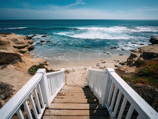 Ocean Beach Wooden Stairway Overlook Sandy Cove Coastal Vista Blue Sky Shoreline Waves Rocks Horizon Outdoor Landscape