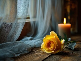 Serene Indoor Setting with Yellow Rose and Candlelight: Close-up of Vibrant Yellow Rose on Wooden Table Next to Lit Candle, Creating Calm and Warm Ambiance with Draped Fabric Background