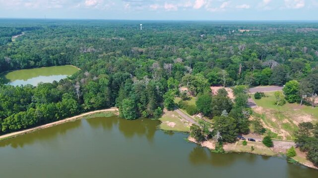 Aerial landscape lake wetlands summer nature scene sunny day rural Crystal Springs Mississippi