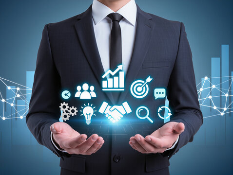 Business growth strategy and management, Businessman holding network structure and business icons