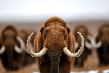 Majestic woolly mammoth with impressive tusks in a cold landscape, its fur dense, ready for harsh winters. A relic from the past, now a symbol of resilience.