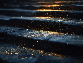Abstract Golden Sparkle on Dark Stone Staircase Atmospheric Glittering Particles Textured Steps Ethereal Light Effect