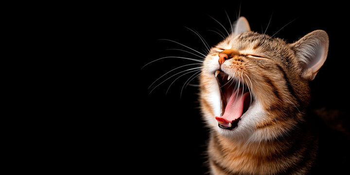 Close-up of yawning domestic tabby cat with mouth wide open on black background