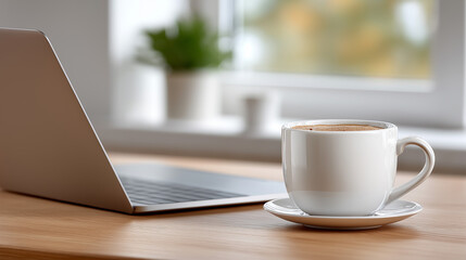 Laptop on clean wooden desk with a white coffee cup, showcasing a blank checkout webpage layout, creating a serene workspace atmosphere with copy space