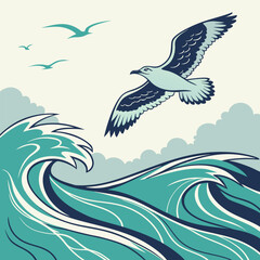 Obraz premium Seagull Flying Over Ocean Waves with Cream Background