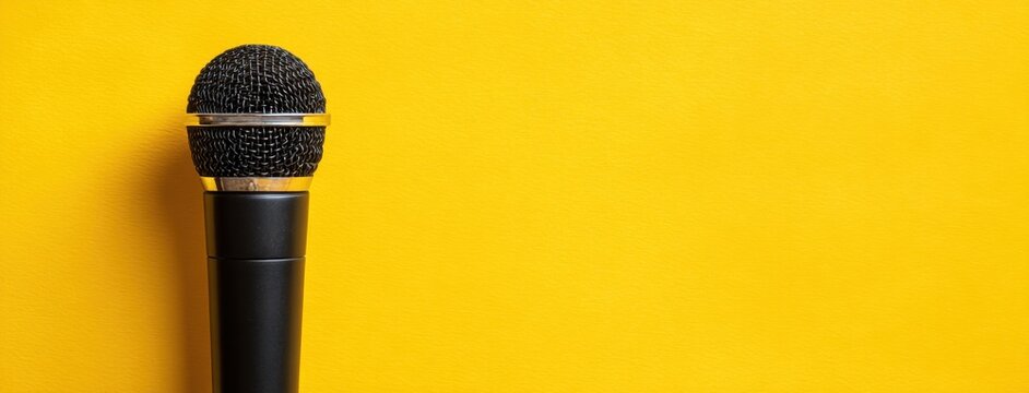black microphone on a yellow background with copy space - Powered by Adobe