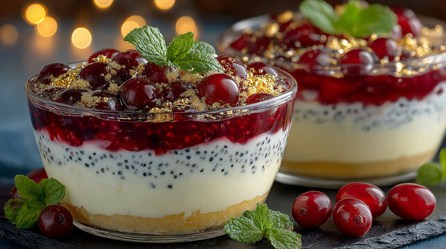 Minimalist Christmas panna cotta in glass with creamy smooth texture, topped with vibrant red cranberries and mint leaves, creating an elegant festive dessert presentation
