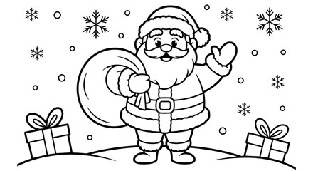 Christmas coloring page, Santa Claus carrying gifts with snowflakes, ideal for kids’ holiday activities and seasonal project