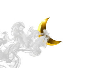 Golden crescent moon surrounded by smoke isolated on transparent background