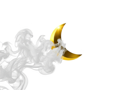 Golden crescent moon surrounded by smoke isolated on transparent background