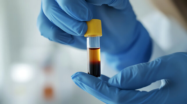 Close-up of medical professional holding a blood sample vial with blue gloves. The vial has a yellow cap, standing out against a blurred light background, underscoring medical research.