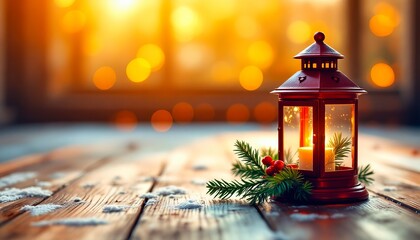 Illuminating the Holiday Season: A festive red lantern glows warmly, nestled among evergreen sprigs and snow on a wooden surface.