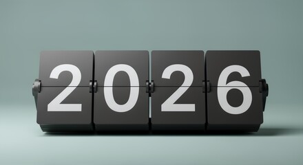 Digital flip clock countdown mechanism showing the numbers 2026 in bold white typography on a dark screen, set against a smooth, modern background, representing the upcoming New Year and future