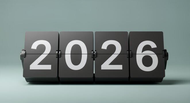 Digital flip clock countdown mechanism showing the numbers 2026 in bold white typography on a dark screen, set against a smooth, modern background, representing the upcoming New Year and future