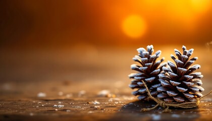 Warm hues frame frosted pine cones on rustic wood, a winter's still life evoking holiday peace and the simple joys of nature.