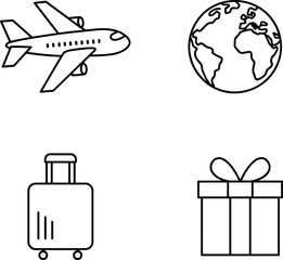 Global travel, holiday, and celebration icon set, flat black line vector symbols, representing aviation, journey, luggage, and gift giving concepts