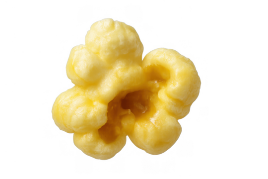 Single buttered popcorn piece, a delicious snack for movies, parties, or enjoying at home, close up on transparent background