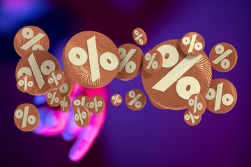 Abstract image showing many percent symbols in air with hand touch. Concept of sale, discount, promotion, business, finance, and financial benef