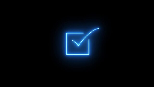 glowing neon check mark icon animation on black background. 4k motion graphic animation video .