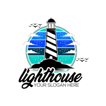 Modern summer nautical lighthouse logo design template variation colors with sunset sky, star clouds & flying birds circular emblem sea ocean waves. Vector file, EPS 10.