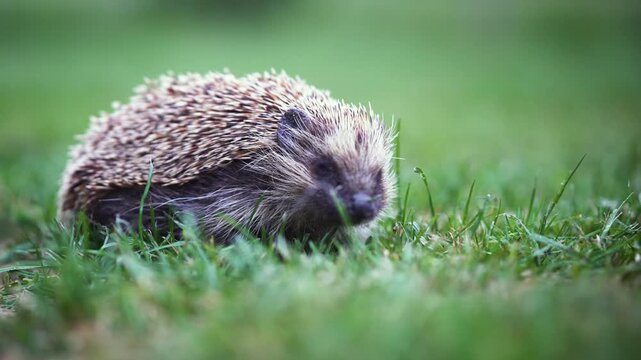 Ein Igel sitzt auf einer Wiese und guckt sich neugierig um.