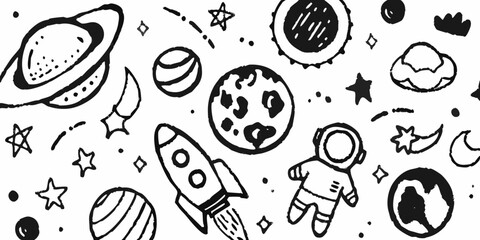 Whimsical hand drawn doodle space scene with planets astronaut rocket and stars