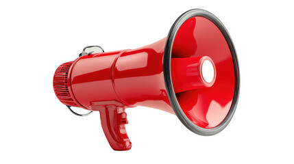 Red megaphone for broadcasting messages, announcements and disseminating information on a transparent background.
