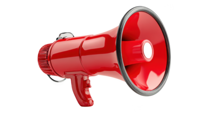 Red megaphone for broadcasting messages, announcements and disseminating information on a transparent background.