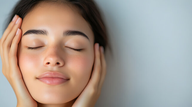 A young woman relaxes, eyes closed, softly touching her face. She exudes a sense of calm and well-being, embracing a moment of serenity & skincare mindfulness.