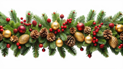 3d illustration of a festive christmas garland with pine cones, red berries, and gold baubles, isolated on transparent background