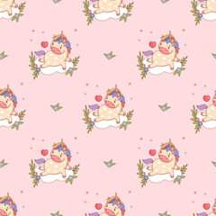 Seamless pattern. Cute Unicorn on Cloud with Flowers on Soft Pink Background. Funny Romantic Cartoon Little Horse Kawaii fantasy Animal. Vector illustration. Kids collection. Not AI