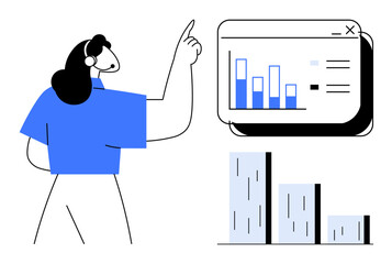 Woman in headset pointing at a digital dashboard with bar charts and statistics. Ideal for presentations, business analysis, team collaboration, data insights, online education, communication
