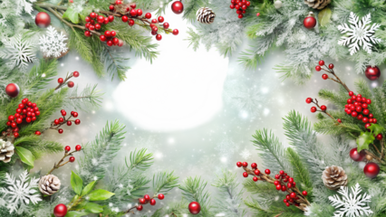 3d illustration of festive christmas wreath with frosted pine branches, red berries, pinecones, and snowflakes, creating a winter wonderland border isolated on transparent background