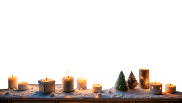 3d illustration of row of lit candles and small decorative christmas trees arranged on a snowy surface with a transparent background, creating a warm and serene winter ambiance