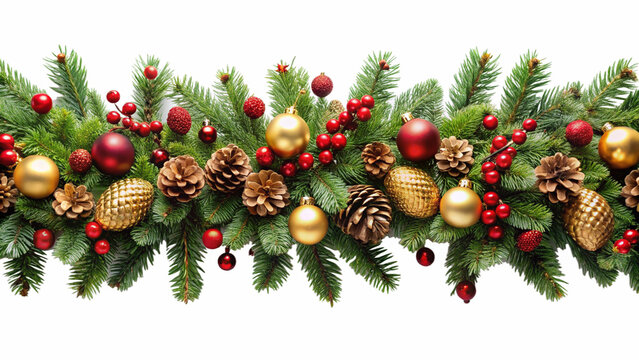 3d illustration of a festive christmas garland with pine cones, red berries, and gold baubles, isolated on transparent background