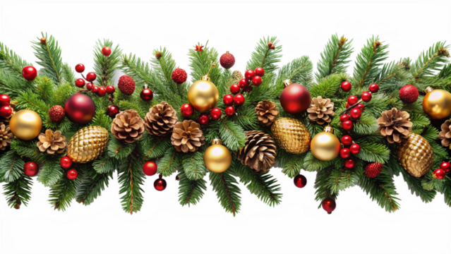 3d illustration of a festive christmas garland with pine cones, red berries, and gold baubles, isolated on transparent background