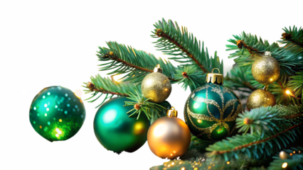 3d illustration of christmas tree branches adorned with shimmering green and gold baubles, isolated on transparent background