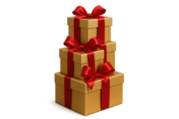 Obraz premium Stacked golden gift boxes with red ribbons and bows, celebrating special occasions with surprise and presents, transparent background