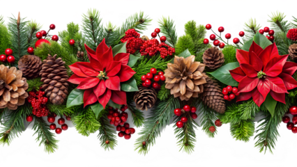 3d illustration of a festive christmas garland made of fir branches, red poinsettias, pine cones, and berries, creating a beautiful holiday border isolated on transparent background