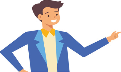Smiling man in blue suit pointing to the right male