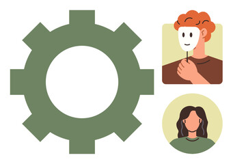 Person holds mask beside a gear shape, symbolizing technology, identity, deception, and individuality. Ideal for self-awareness, tech, psychology, workplace ethics innovation transformation