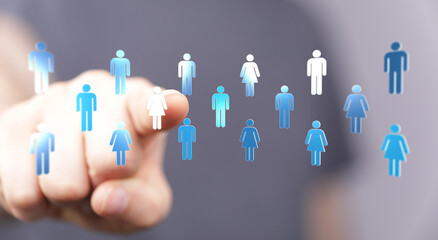 Hand pointing at floating people, illustration of business, society, network, connection, team. Suitable for diversity, inclusion, communication