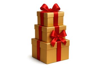 Obraz premium Stack of gold gift boxes with red ribbons and bows, creating a festive holiday celebration concept on transparent background