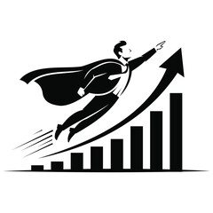 Creative design superhero businessman flying upwards over a bar graph, symbolizing success and growth