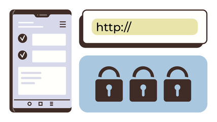 Smartphone screen with checkmarks, URL bar symbolizing web search, and three locked padlocks representing security. Ideal for safety, online protection, privacy, technology, communication, digital